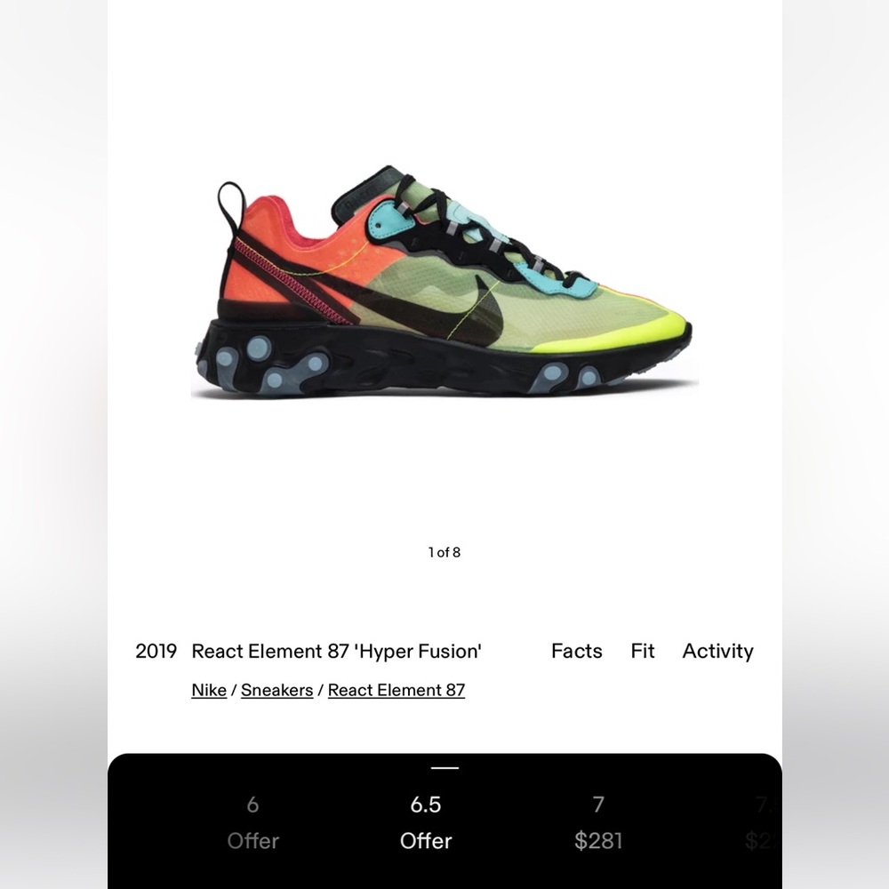 NWOT 2019 NIKE React Element 87 'Hyper Fusion' Mens Size 6/Women’s size 8 - Picture 6 of 11